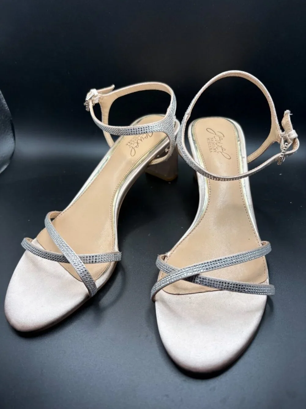Jewel Badgley Mischka Omari II Sandals Sz 9 Rhinestone Block Heel Bridal Wedding